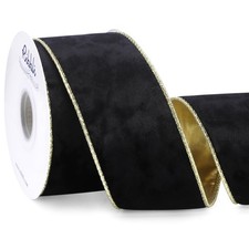 Black Velvet Wired Ribbon 2.5 Inch Metallic Black Gold Crushed Velvet Christmas