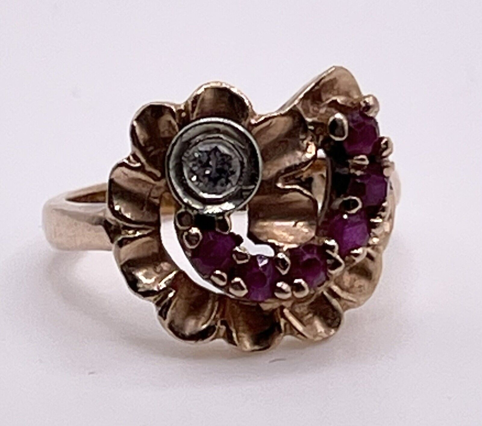 Retro 14K Rose Gold Diamond & Ruby Ring C.1950's - image 1