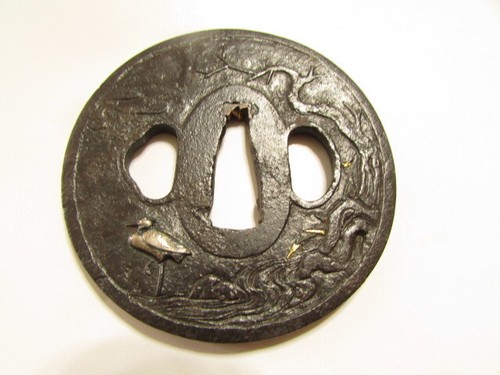 Antique iron tsuba , iron inlaid large tsuba , couple crane pattern , Edo period - Picture 4 of 9