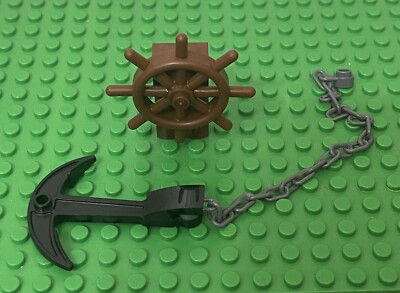 Lego Boat,Ship's Wheel W/ Slotted Pin W/ Holder Bricks,Anchor W/ 21 Links Chain