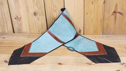 Turquoise Acid Wash Leather Table Runner – Square-Cut Design with Tooled V-Edges - Picture 6 of 11