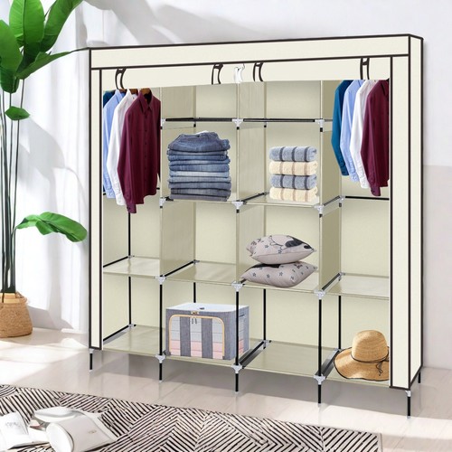 4-Tier Portable Wardrobe Closet - Beige, Non-woven Fabric & Roll-Up Door - Picture 20 of 24
