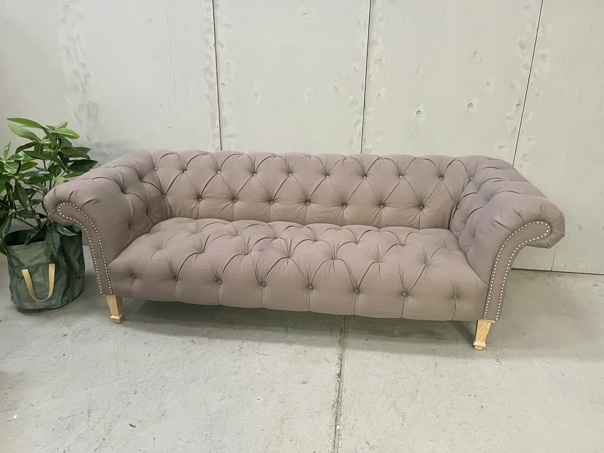 Large Next Gosford 3 Seater Grey Linen Fabric Chesterfield Sofa