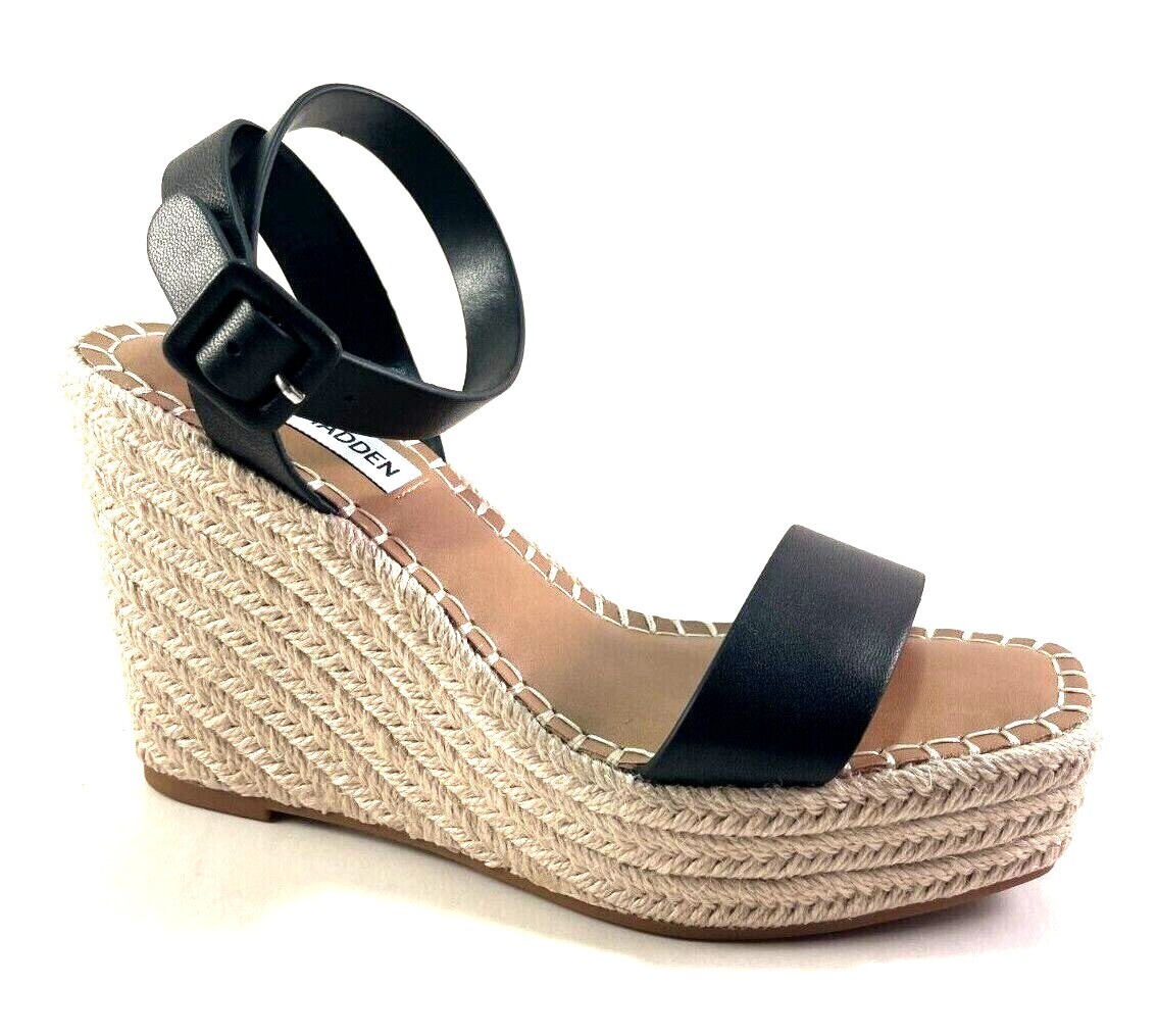 ★STEVE MADDEN★Busy Bee 厚底 サンダル ヒール 4センチ Steve Madden Upstage Black Leather Espedrille High Wedge