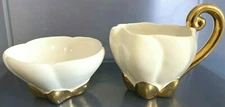 Gold Ivory Art Deco Creamer and Sugar Set Porcelain Mid Century  Pearl Lustre
