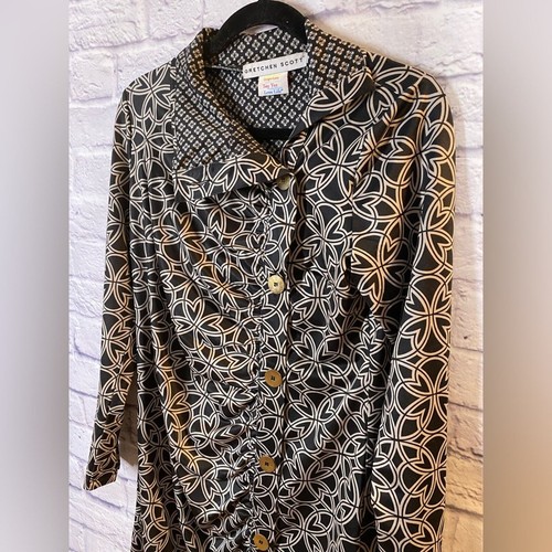 Gretchen Scott Black and Beige Geometric Button Front Ruched Dress Size M - Picture 4 of 8