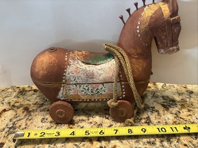 Antique Wooden Old Hand Crafted Horse On Wheels Rare Painted Horse Box Figurine