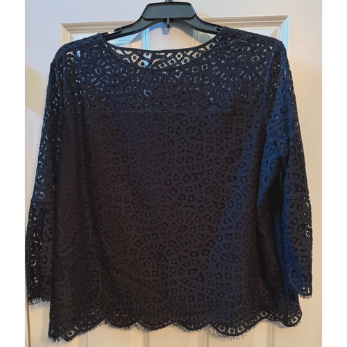 Gap Women's Black Scallop Lace Round Neck 3/4 Sleeve Top Blouse Shirt Size XL - 第 2/7 張圖片