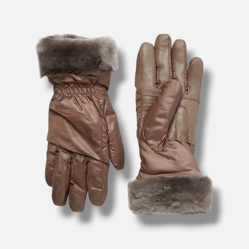 Ugg Women's Brown Shearling-Trim Leather-Palm Gloves Size S/M