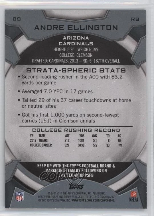 2013 Topps Strata Retail Sapphire /50 Andre Ellington #89 Rookie RC - Image 2 of 2