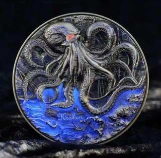 Moneda de plata antigua Camerún 2025 2 oz KRAKEN alto relieve color UV solo 199 HECHA