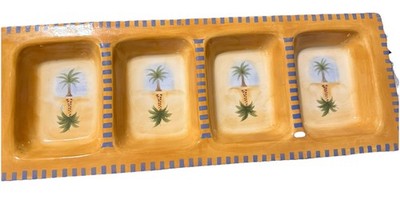 Clay Art Ceramic Tropical Palm Tree Divided Serving Tray 4 Section Coastal Dish