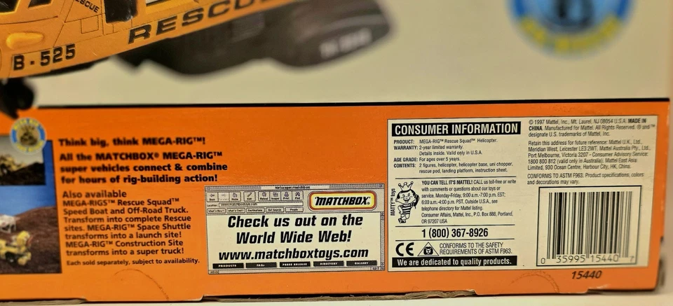 Helicóptero Matchbox Mega-Rig Rescue Squad #15440 caja sellada 1997 ruedas Mattel Foto 4 de 4