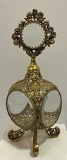 HOLLYWOOD REGENCY ORMOLU 4 PANEL PERFUME BOTTLE BEVELED GLASS CHERUBS RARE 9”