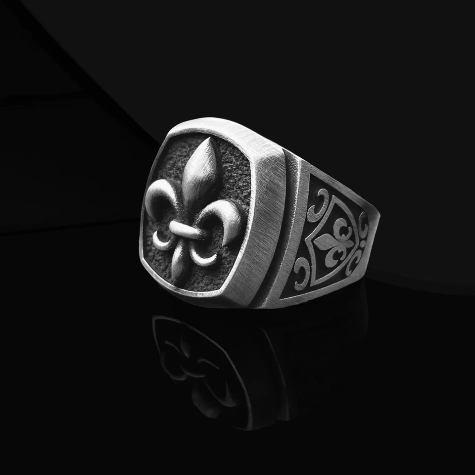 Anillo de sello Fleur De Lis de plata de ley 925 anillo oxidado artesanal libre de impuestos Foto 2 de 4