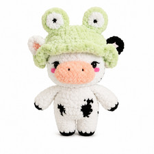 Handcrafted Crochet Cow Plush Toy Amigurumi Cute Stuffed Animal Frog Hat