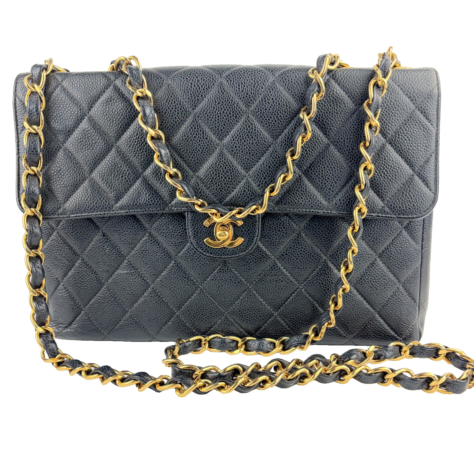 CHANEL Jumbo Black Caviar Leather Large Single Flap Vintage Bag with 24k Gold