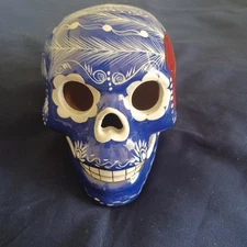 5" T X 4" W X 6" L Ceramic Made In Mexico Day Of The Dead Blue Sugar Skull