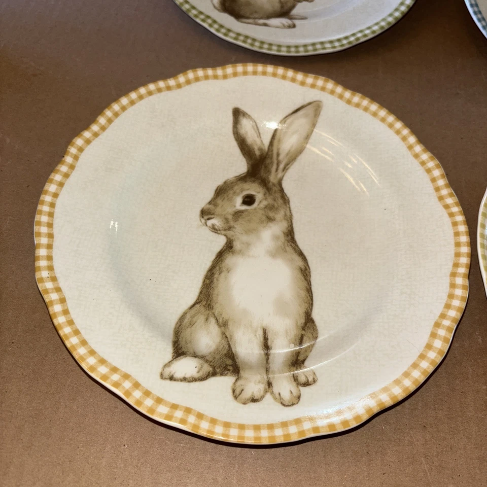"Juego de 4 222 platos de ensalada festoneados Fifth Bunny Land Gingham Check Border 8,5"" 1B" Foto 4 de 4