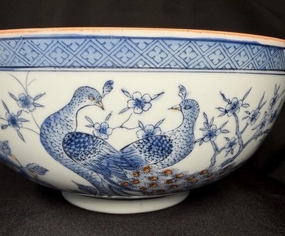 Vintage Hong Kong Blue and White Serving Bowl Peacock w/Cherry Blossoms 8 