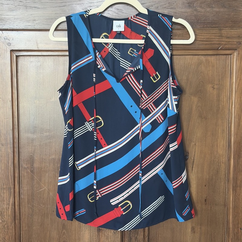 CAbi Hold Up Top Blouse 5736 Navy Blue Buckle Print Blouse Shirt Size Small EUC