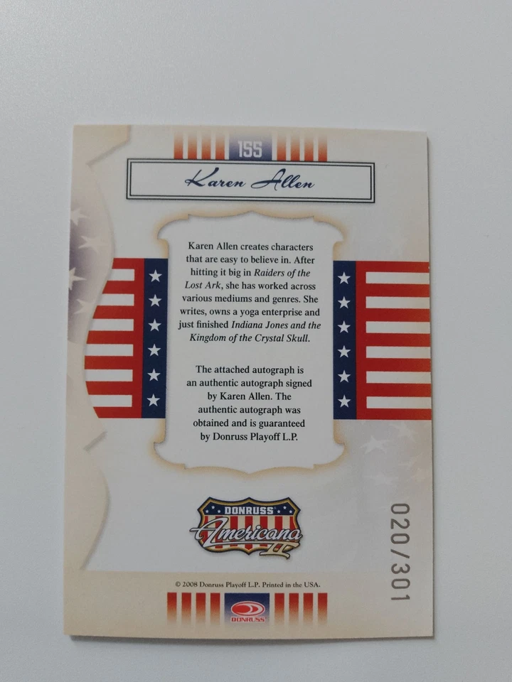 Karen Allen Donruss Americana Autograph /301 Indiana Jones - Image 2 of 4