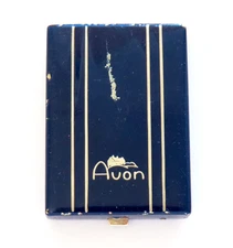 Avon Compact Vintage Makeup Pressed Powder Pink Blush Blue Enamel Stripes Puff