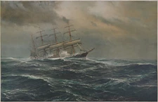 JOHS HOLST XRare Antique c1910s-1920 Chromolitho 4-MASTED SHIP ON HEAVY SEAS