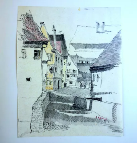 Genuine Drawing RUDOLF SCHRIMPF bridge in ULM around 1920 signed Fischerviertel