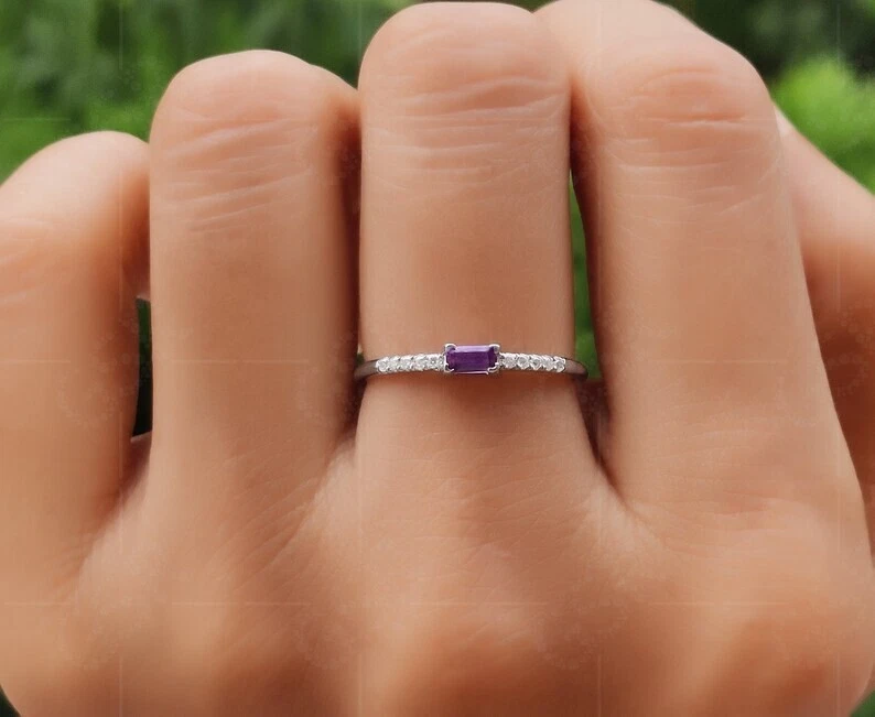 Amethyst Baguette Birthstone Ring Purple Stone Ring For Mom