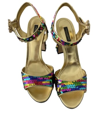 Dolce Gabbana Multicolor Rainbow Sequin Block Heels, Ankle Strap