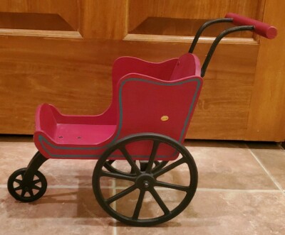 Red Painted Wood Baby Doll Teddy Bear Santa Stroller Black Iron Wheels Christmas