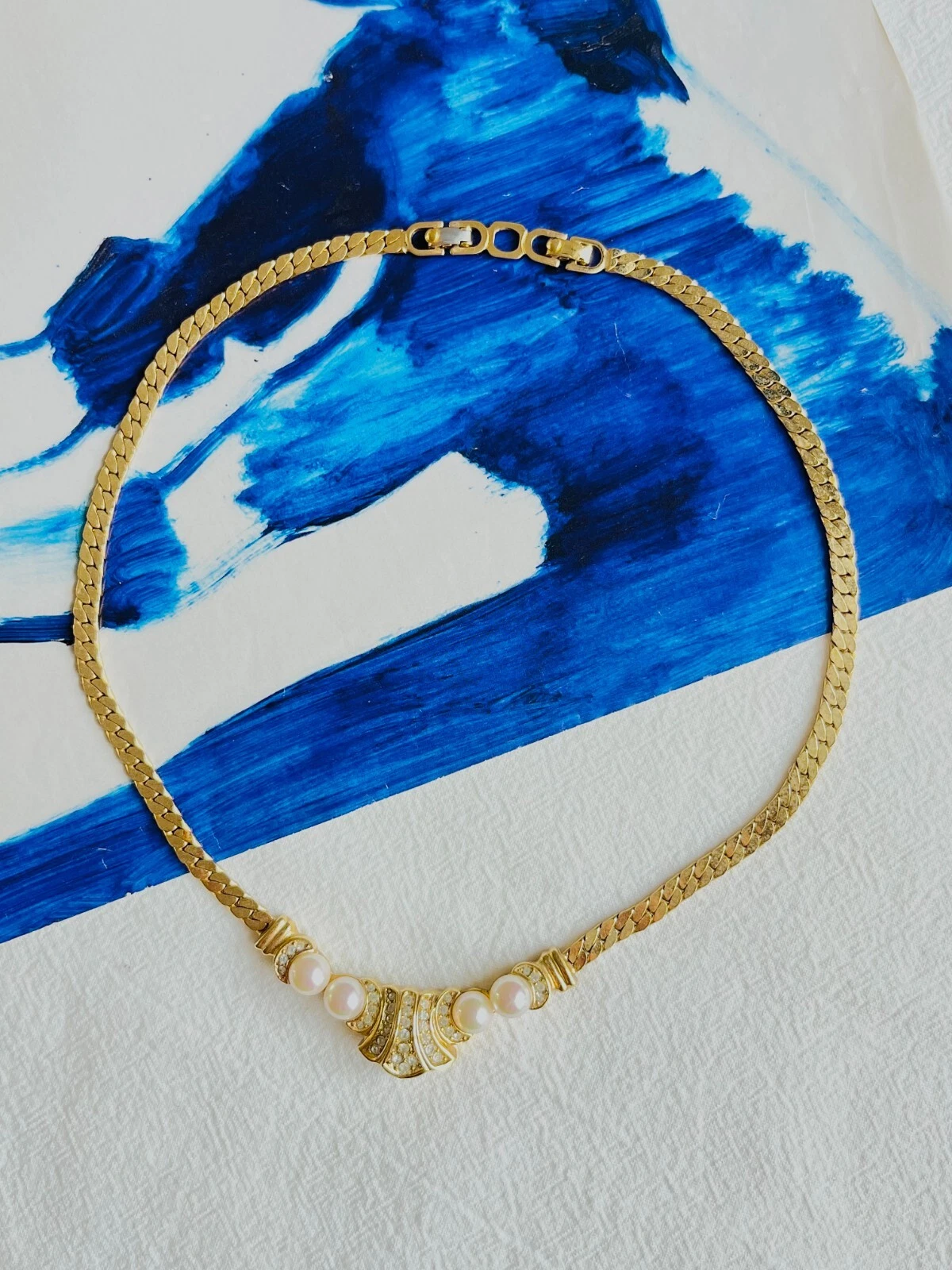 Collana con ciondolo Christian Dior vintage anni 80 perle bianche luna ventaglio cristalli