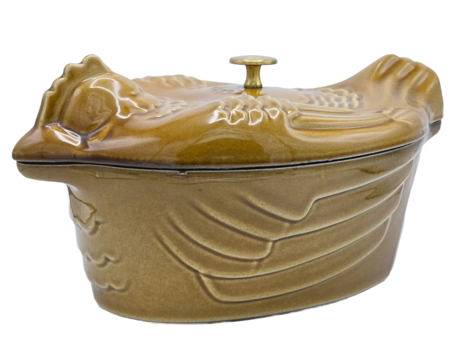 LARGE STAUB 5 qt CARMEL CAST IRON CHICKEN DUTCH OVEN ROASTER POT w/ LID * FRANCE