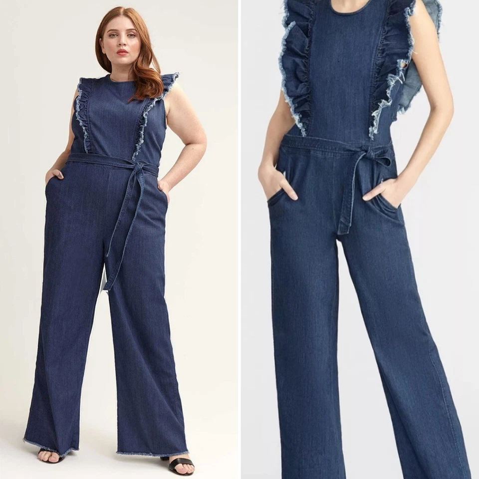 NUEVO CON ETIQUETAS $179 Mono Jean Rachel Roy Talla Grande 22W Denim Oscuro con Volantes Pierna Ancha Foto 2 de 4