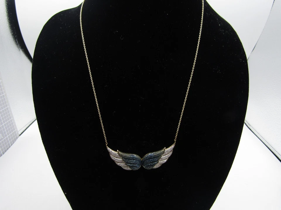 ALAS DE DIAMANTE DE TERCIOPELO AZUL en COLLAR ORO 18" / Plata de Ley 925 NUEVO CON ETIQUETAS EB1 Foto 2 de 4