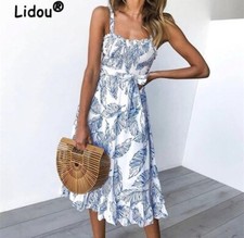  Casual Backless Beach Dress Summer Fashion Elegant Leaf Print Lace Up Casu