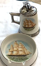 Vintage Sailing Ship Nautical Colibri Lighter & Ashtray Set Unusual 005-016