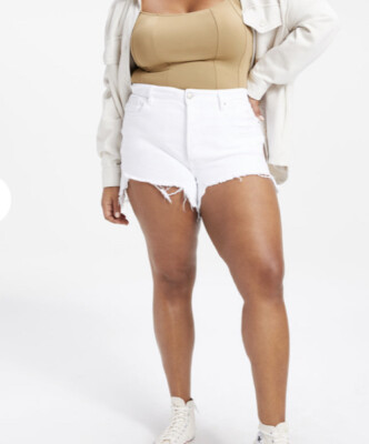 Good American Plus Size Bombshell Jean Shorts Size 24 in White Cut Offs Raw Hem