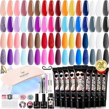Poly Gel Nail Kit for Beginners: 32 Colors Gel Extension Nail Set with U V Li...
