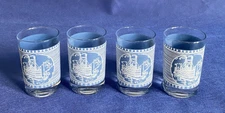Vintage Set of 4 Currier & Ives Juice Glasses Steamboat Blue White 4 oz