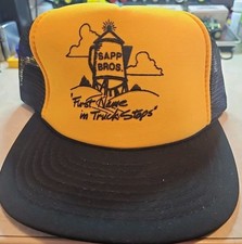 VTG SAPP BROS. Black Meshback Trucker Hat, "First Name In Trucker Stops" NOS