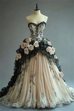 Princess Prom Dress 3D Flower Lace Trim Embroidered Strapless Retro Evening Gown