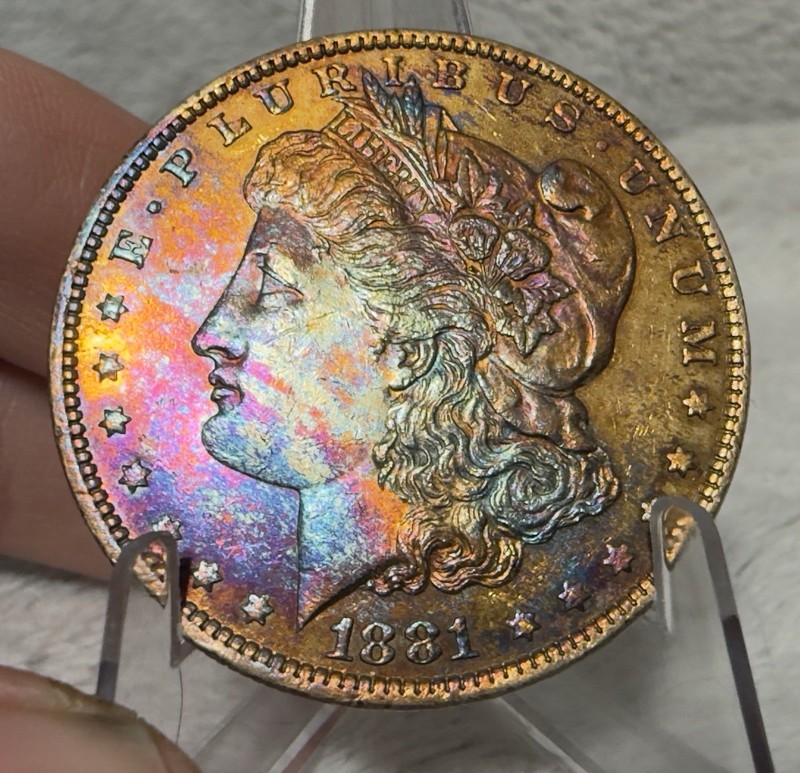 1881 O MORGAN SILVER DOLLAR GEM BU PROOF LIKE RAINBOW TONER
