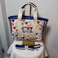 BRIGHTON Mini Canvas Tote Crossbody Bag Colorful Heart Pattern Tote Bag