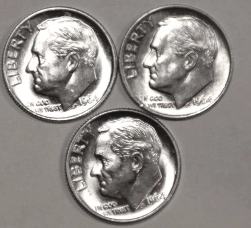 (3) 1964-P Roosevelt Dimes - AU/BU - #1490E - FREE SHIPPING