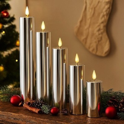 5er Set LED Kerzen XL silber inklusive 6-Stunden Timer und Hochglanz Oberfläche
