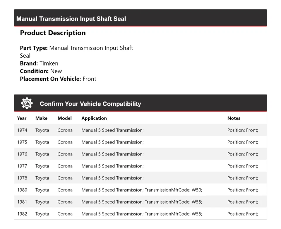 For 1974-78, 1980-82 Toyota Corona Manual Trans Input Shaft Seal Front Timken - Image 2 of 4