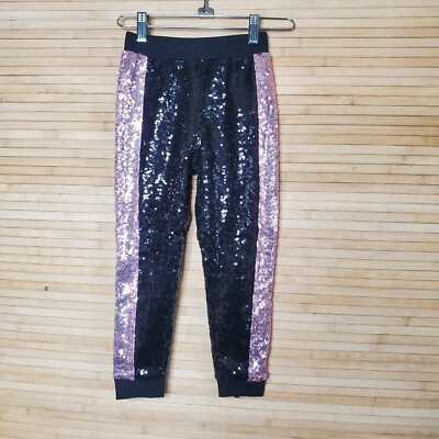 Monnalisa Girl's boutique chic black pink sequin joggers pants sz 5 ITALY XLNT