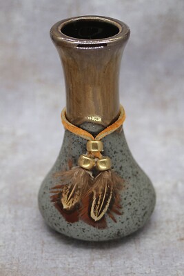 Arizona Native Ceramics -Bud Vase with Leather and Feathers Signed  Bob 96''